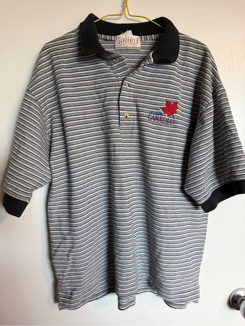 Vtg Sundance Men's Gray Striped Polo with Black Collar and Molson Canadian Logo